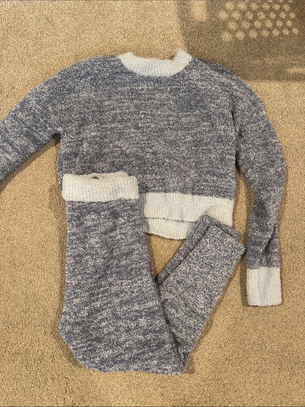 Plush Heathered Blue & Cream Crewneck Sweater Matching Lounge Set